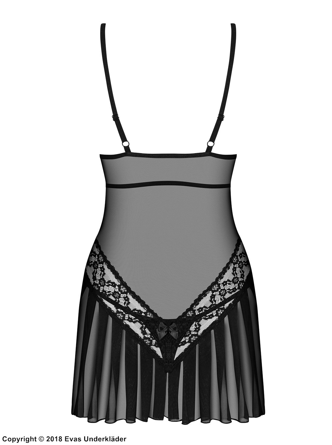 Skin-tight chemise, sheer mesh, lace inlays, pleats